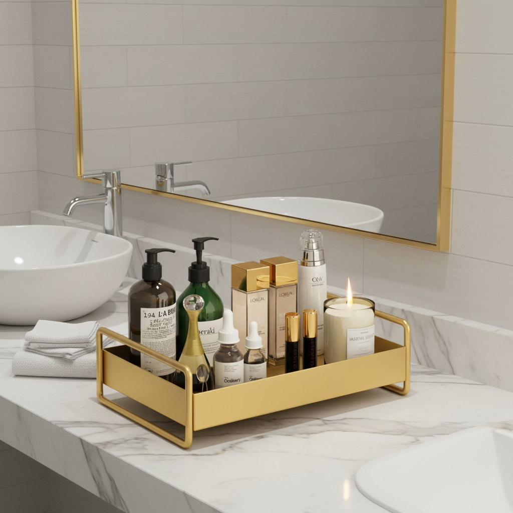 Compact Organizer Tray - Space-Saving Gold Metal with Non-Slip Base 0
