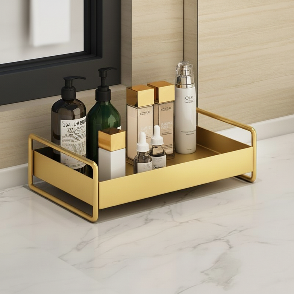 Compact Organizer Tray - Space-Saving Gold Metal with Non-Slip Base 1