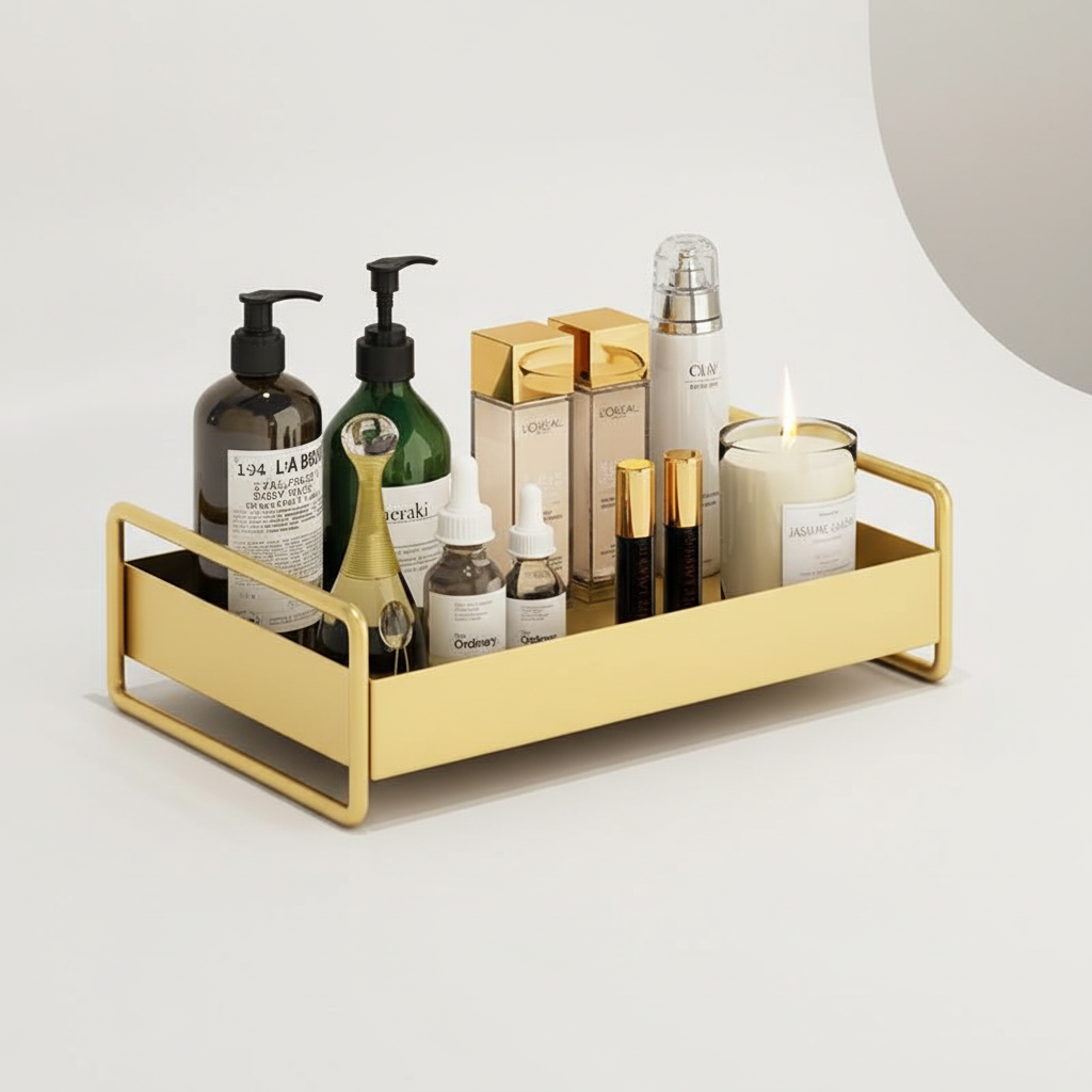 Compact Organizer Tray - Space-Saving Gold Metal with Non-Slip Base 2