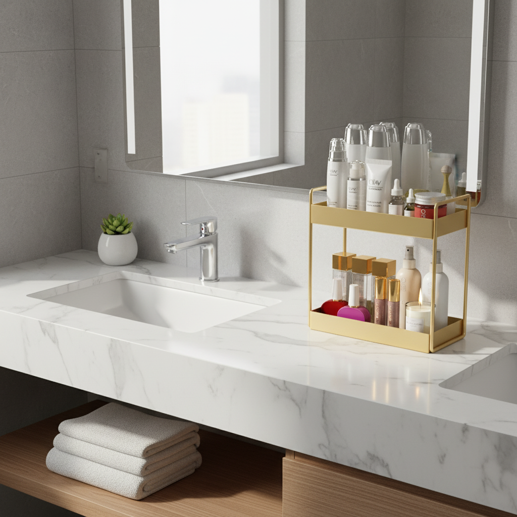 Compact Organizer Tray - Space-Saving Gold Metal with Non-Slip Base 7