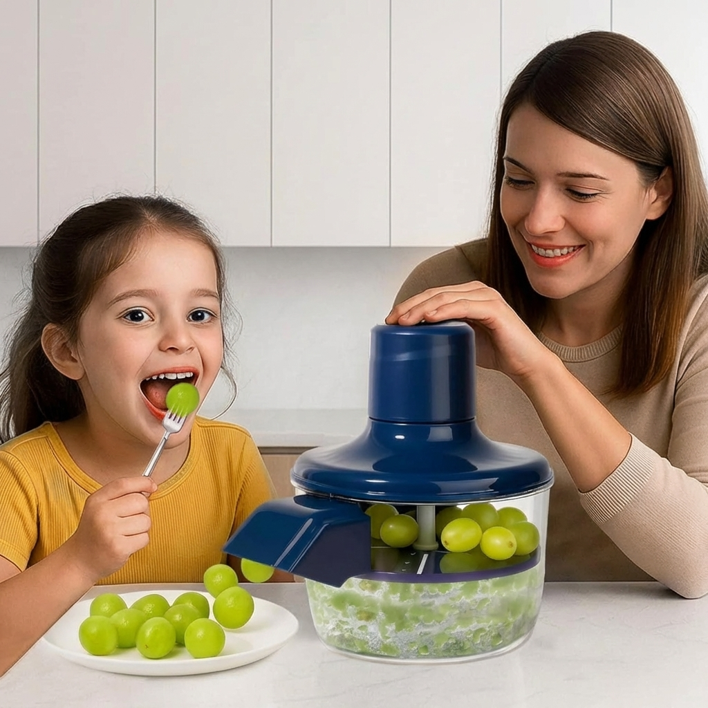 Woman and child using a blue food chopper to chop green grapes in a kitchen.