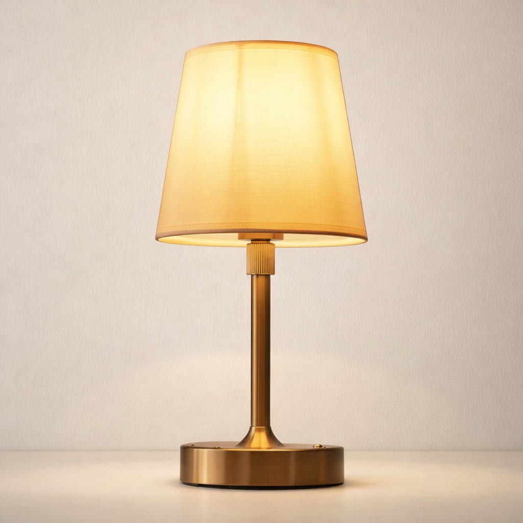 Table lamp with a gold base and beige shade on a neutral background