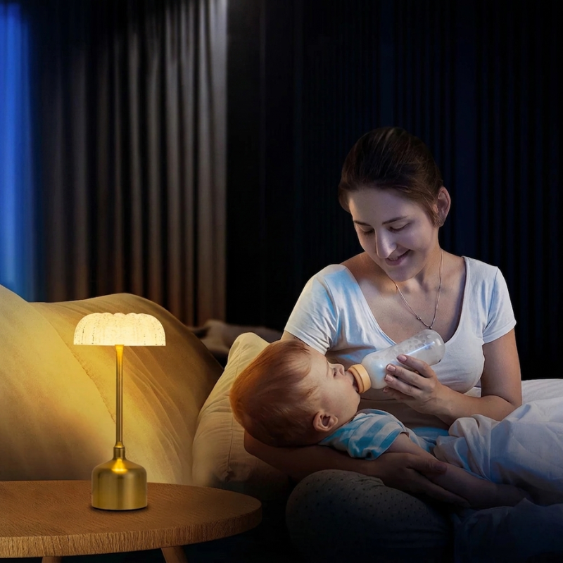 Woman feeding a baby with a bottle in a dimly lit room.