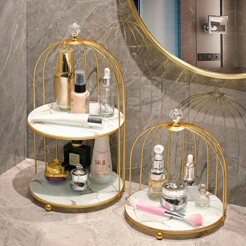 Cosmetic storage rack with double-layer design on a neutral background