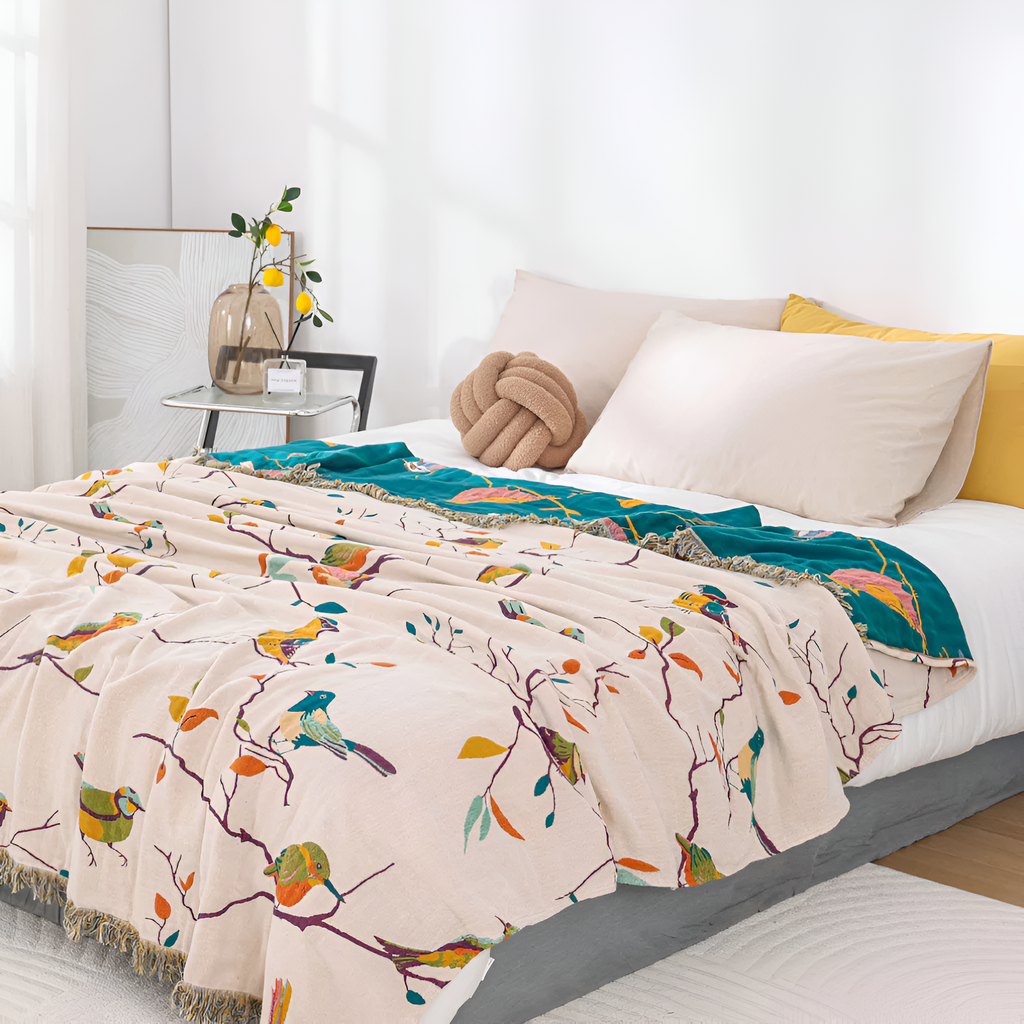 Cotton Bird Tassel Blanket - Lightweight & Breathable Boho Comfort 0