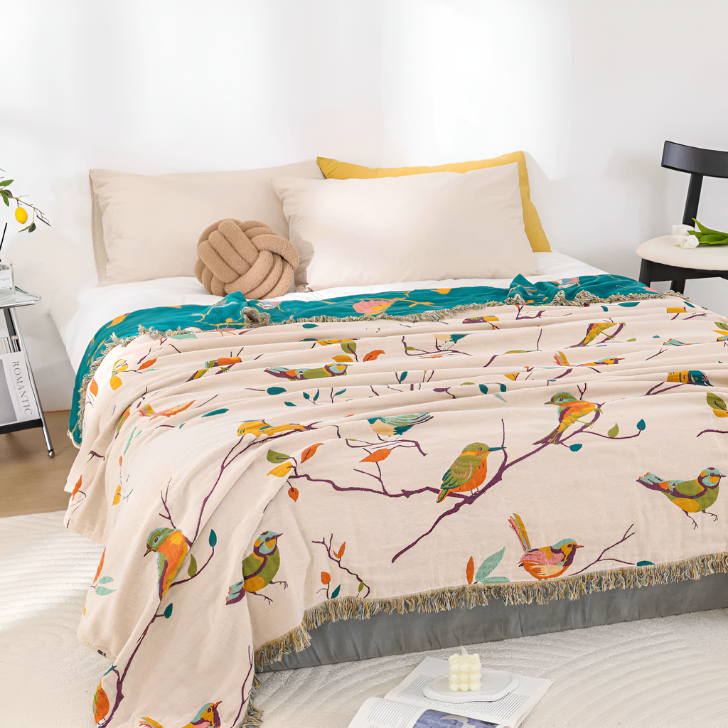 Cotton Bird Tassel Blanket - Lightweight & Breathable Boho Comfort 1