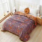 Cotton Tassel Blanket - Lightweight Floral Jacquard, Breathable Comfort 0