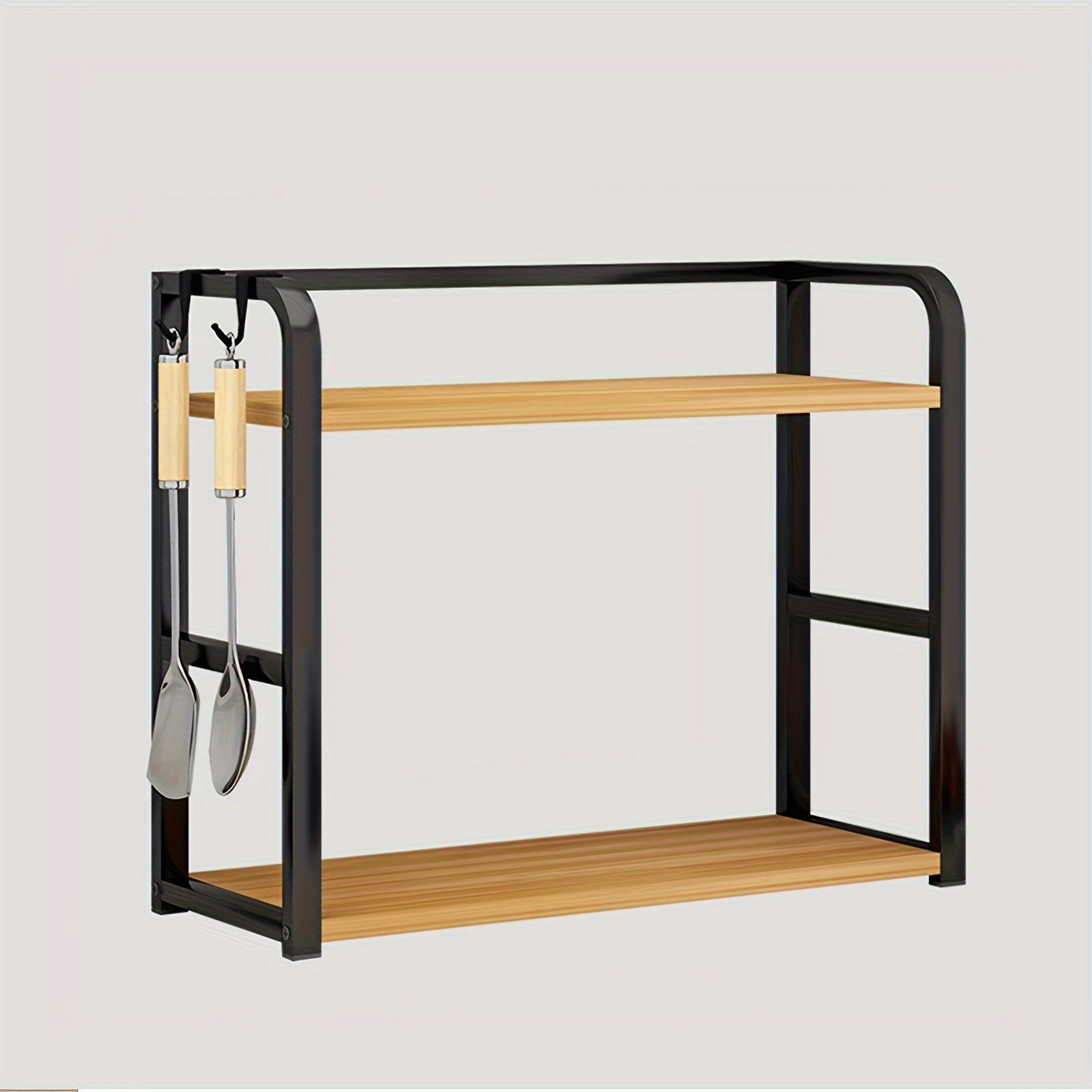 Bakers rack with wooden shelves and metal frame on a light gray background