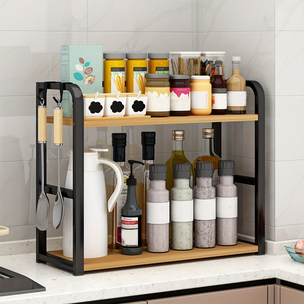 Kitchen shelf with various items including bottles, jars, and utensils on a tiled wall background.