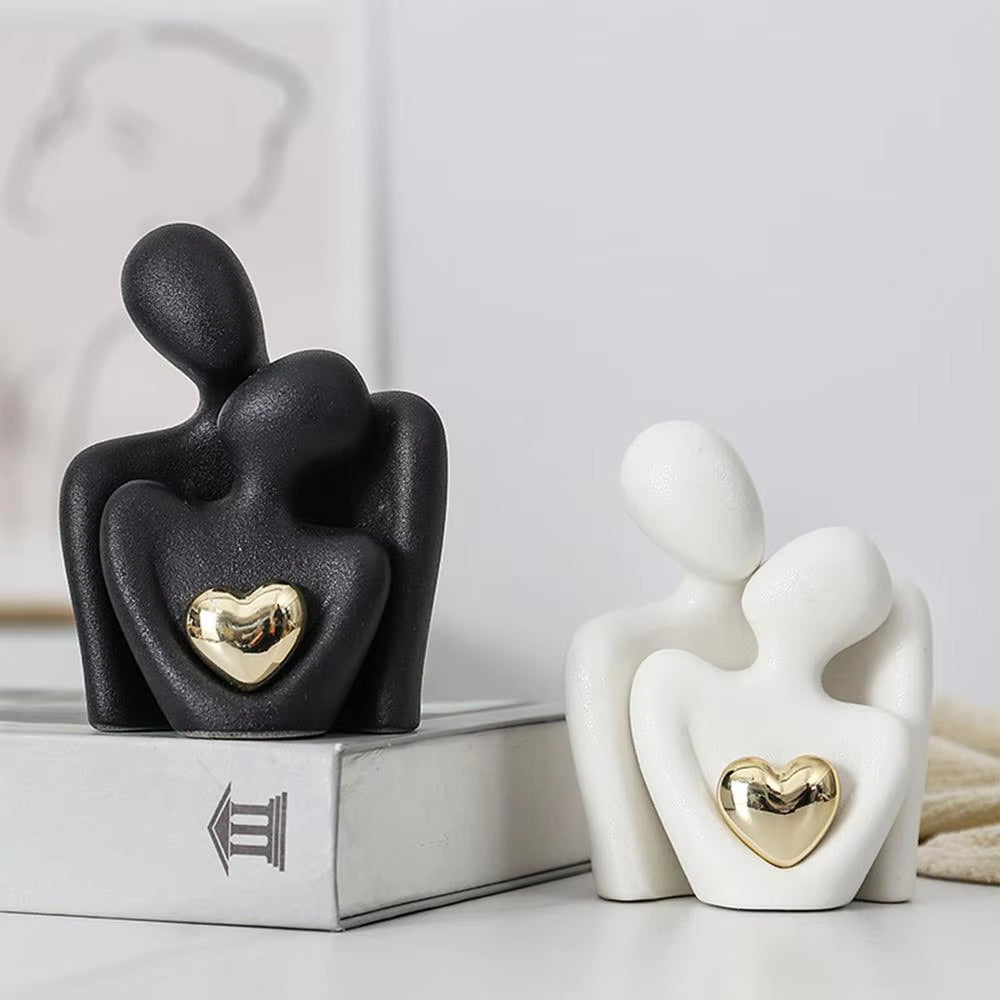 Couple Hugging Figurine, Modern Design, Matte Finish, White/Black 1