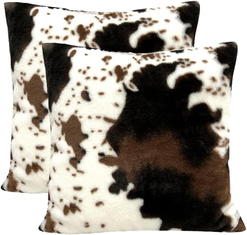 Cowhide Faux Fur Throw Pillow Covers 18x18 - Soft Decorative Set of 2 0