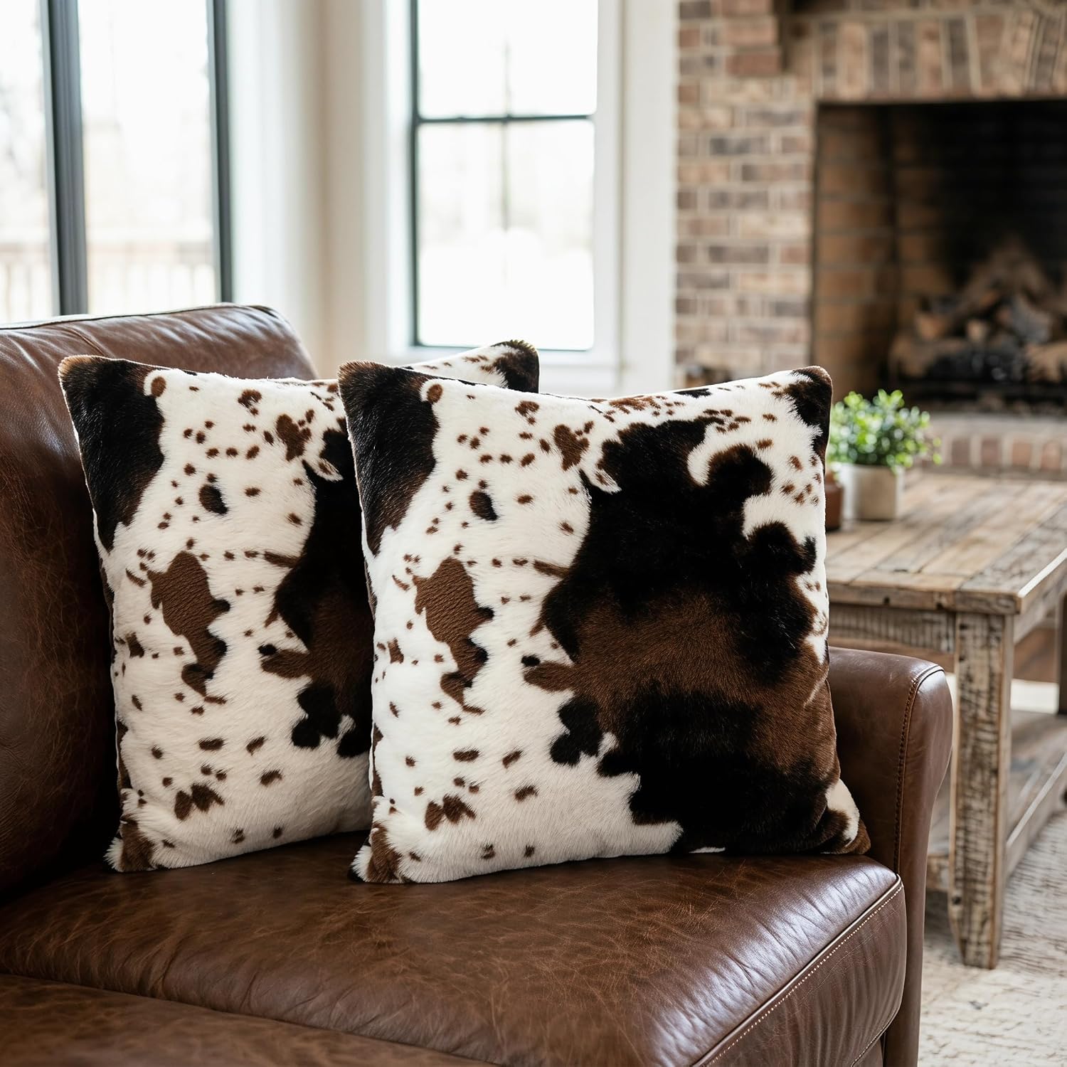Cowhide Faux Fur Throw Pillow Covers 18x18 - Soft Decorative Set of 2 1