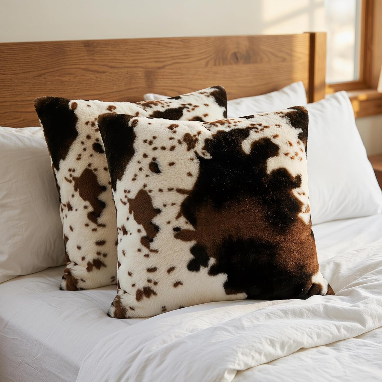 Cowhide Faux Fur Throw Pillow Covers 18x18 - Soft Decorative Set of 2 3