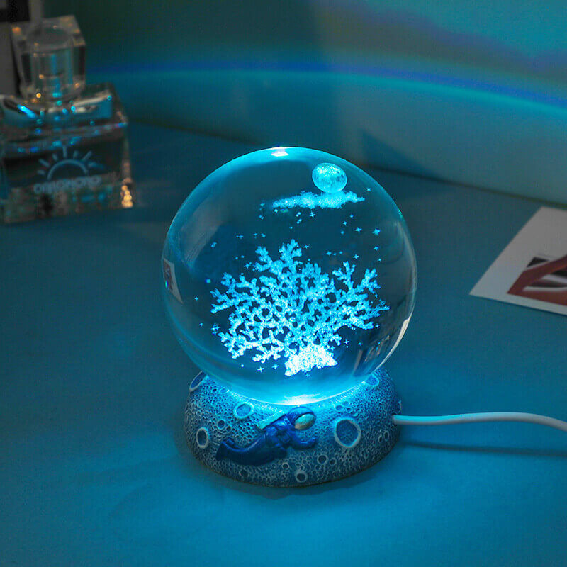 Crystal Ball Night Light - 3D Laser Engraved Ocean Design, Multicolor Illumination 3
