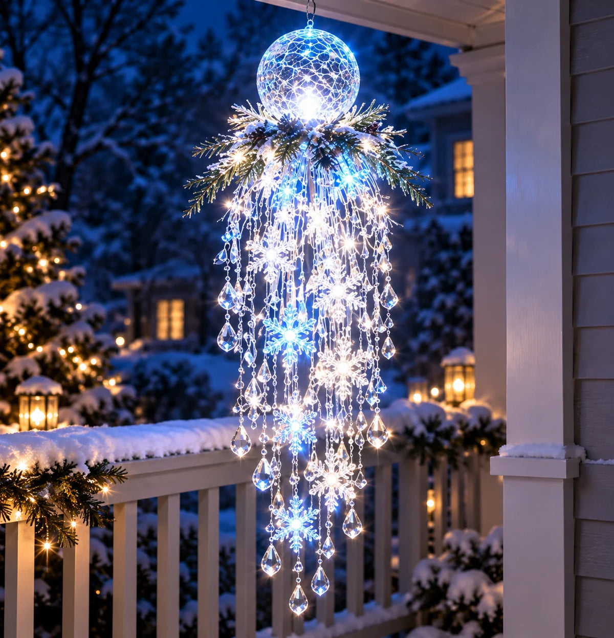 Crystal Cascade LED Outdoor Light, Hanging Snowflake Design for Porch Decoration – Weather-Resistant, Cool White Illumination 12