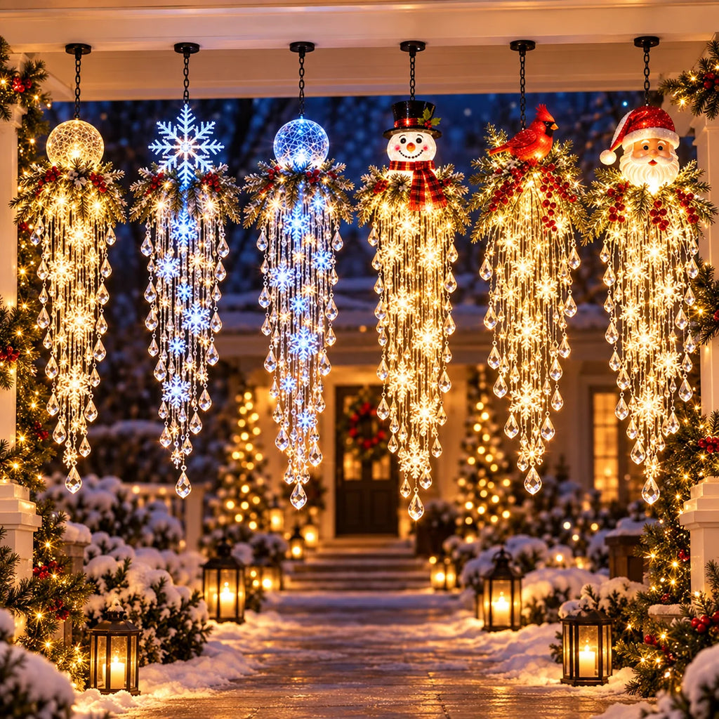 Crystal Cascade LED Outdoor Light, Hanging Snowflake Design for Porch Decoration – Weather-Resistant, Cool White Illumination 13