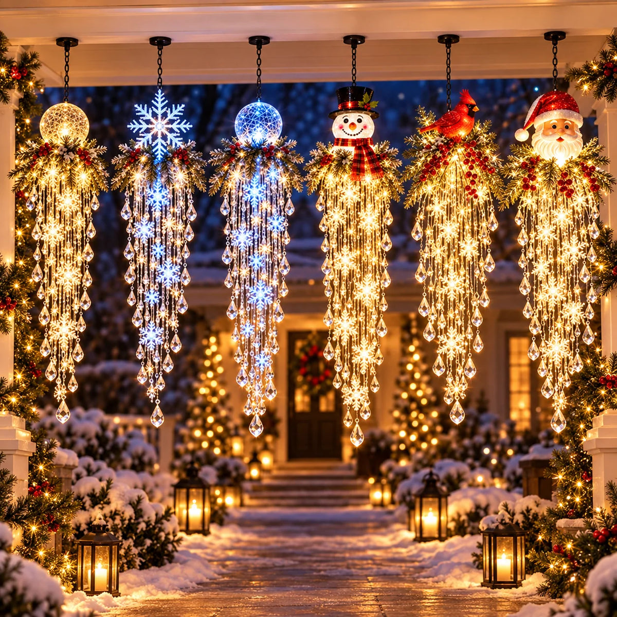 Crystal Cascade LED Outdoor Light, Hanging Snowflake Design for Porch Decoration – Weather-Resistant, Cool White Illumination 13
