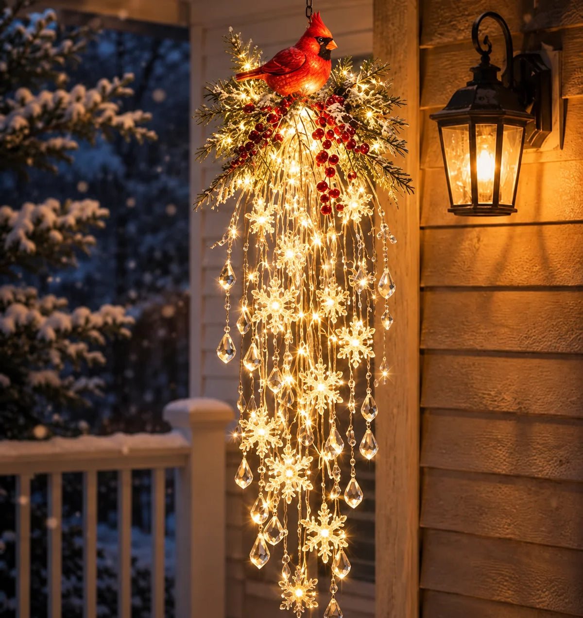 Crystal Cascade LED Outdoor Light, Hanging Snowflake Design for Porch Decoration – Weather-Resistant, Cool White Illumination 14