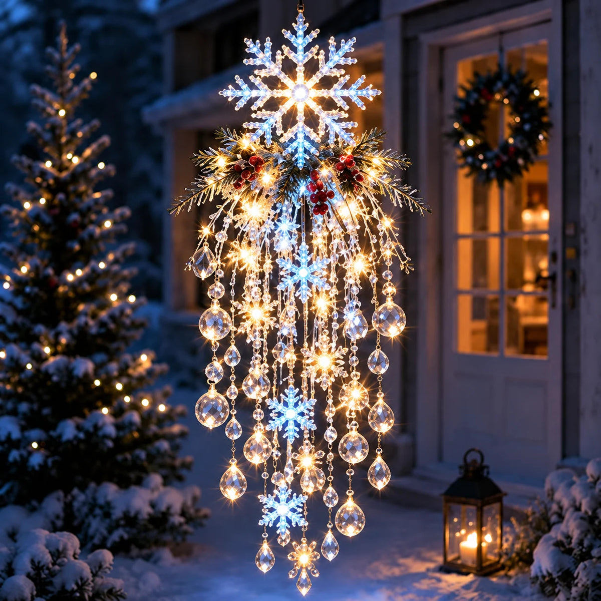 Crystal Cascade LED Outdoor Light, Hanging Snowflake Design for Porch Decoration – Weather-Resistant, Cool White Illumination 9