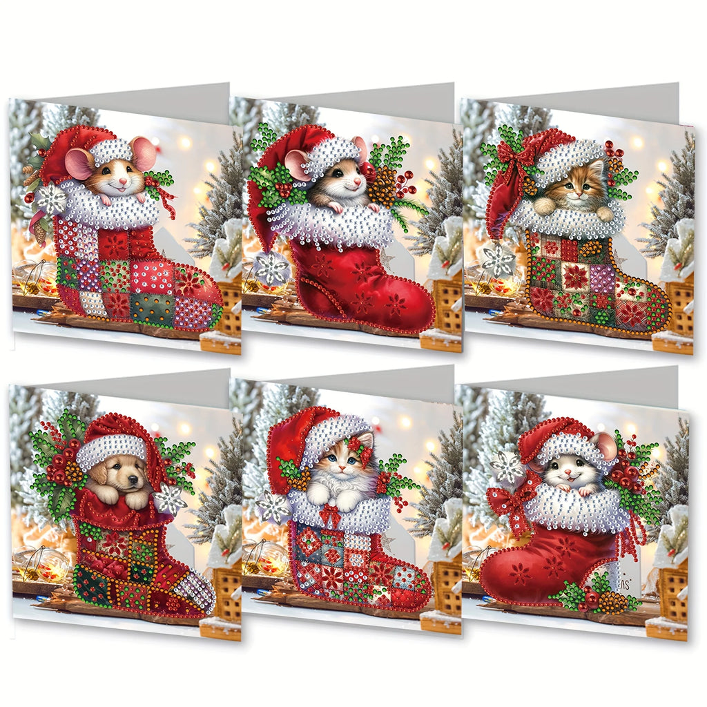 Custom Christmas Cards Set of 6 – Handmade Diamond Painting Greeting Cards with Puppy, Mouse, and Kitten Designs 0