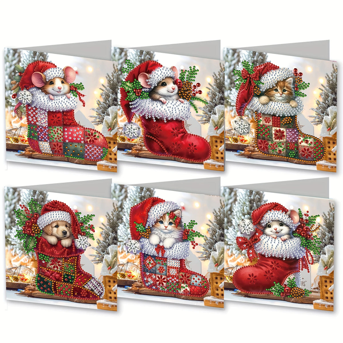 Custom Christmas Cards Set of 6 – Handmade Diamond Painting Greeting Cards with Puppy, Mouse, and Kitten Designs 0