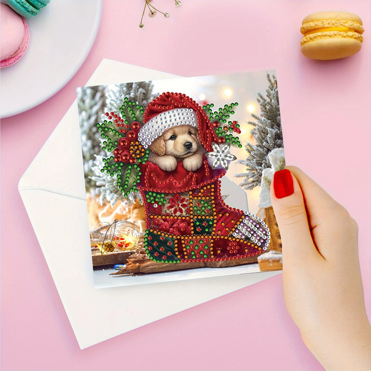 Custom Christmas Cards Set of 6 – Handmade Diamond Painting Greeting Cards with Puppy, Mouse, and Kitten Designs 2