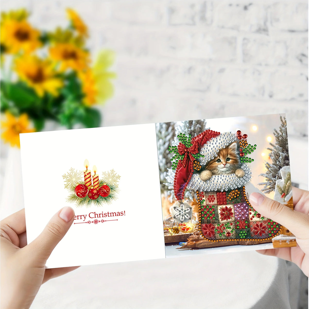 Custom Christmas Cards Set of 6 – Handmade Diamond Painting Greeting Cards with Puppy, Mouse, and Kitten Designs 4