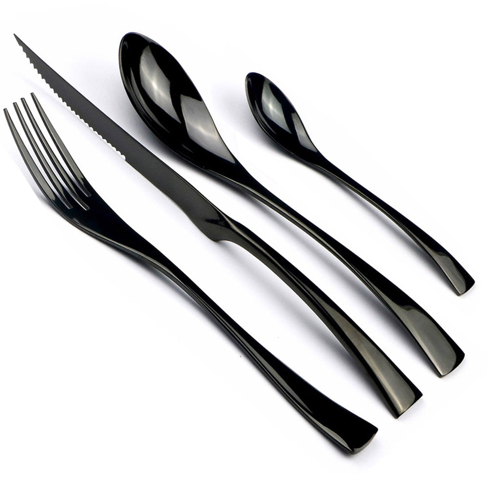 Set of black cutlery including a fork, knife, and two spoons on a white background
