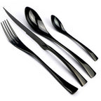 Set of black cutlery including a fork, knife, and two spoons on a white background