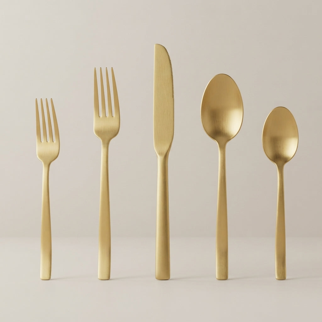 Five-piece gold flatware set with matte and satin finishes, including a dinner fork, salad fork, dinner knife, soup spoon, and teaspoon, standing upright on a light beige surface against a neutral background.