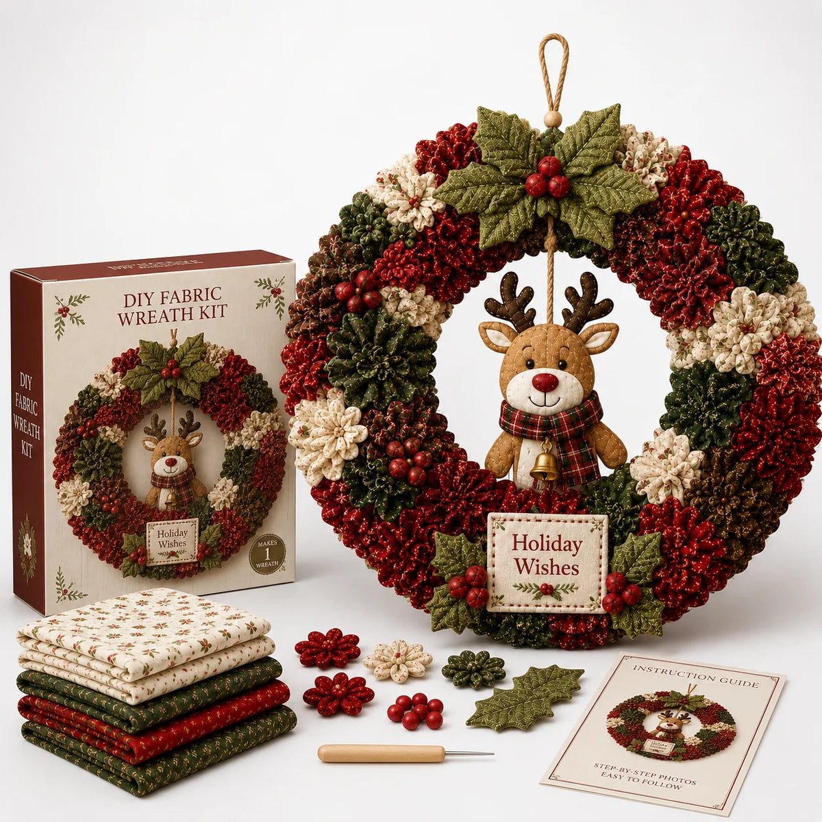 DIY Christmas Wreath Craft Kit - 3D Fabric Flowers, No Sewing Required 10