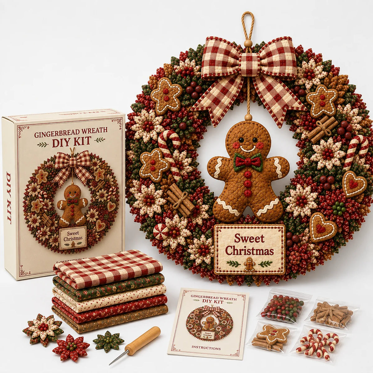 DIY Christmas Wreath Craft Kit - 3D Fabric Flowers, No Sewing Required 12