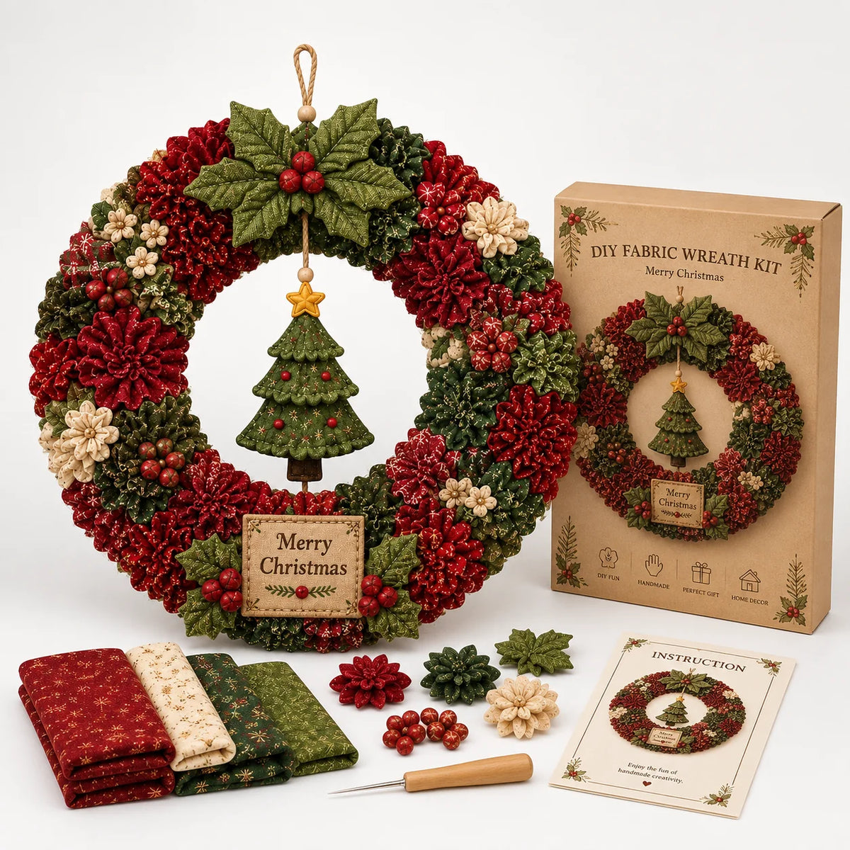 DIY Christmas Wreath Craft Kit - 3D Fabric Flowers, No Sewing Required 13