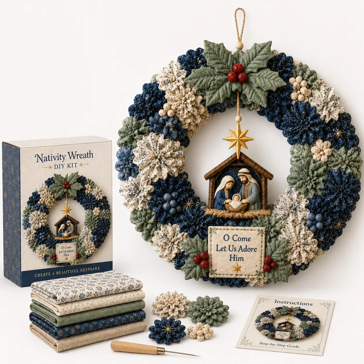 DIY Christmas Wreath Craft Kit - 3D Fabric Flowers, No Sewing Required 14