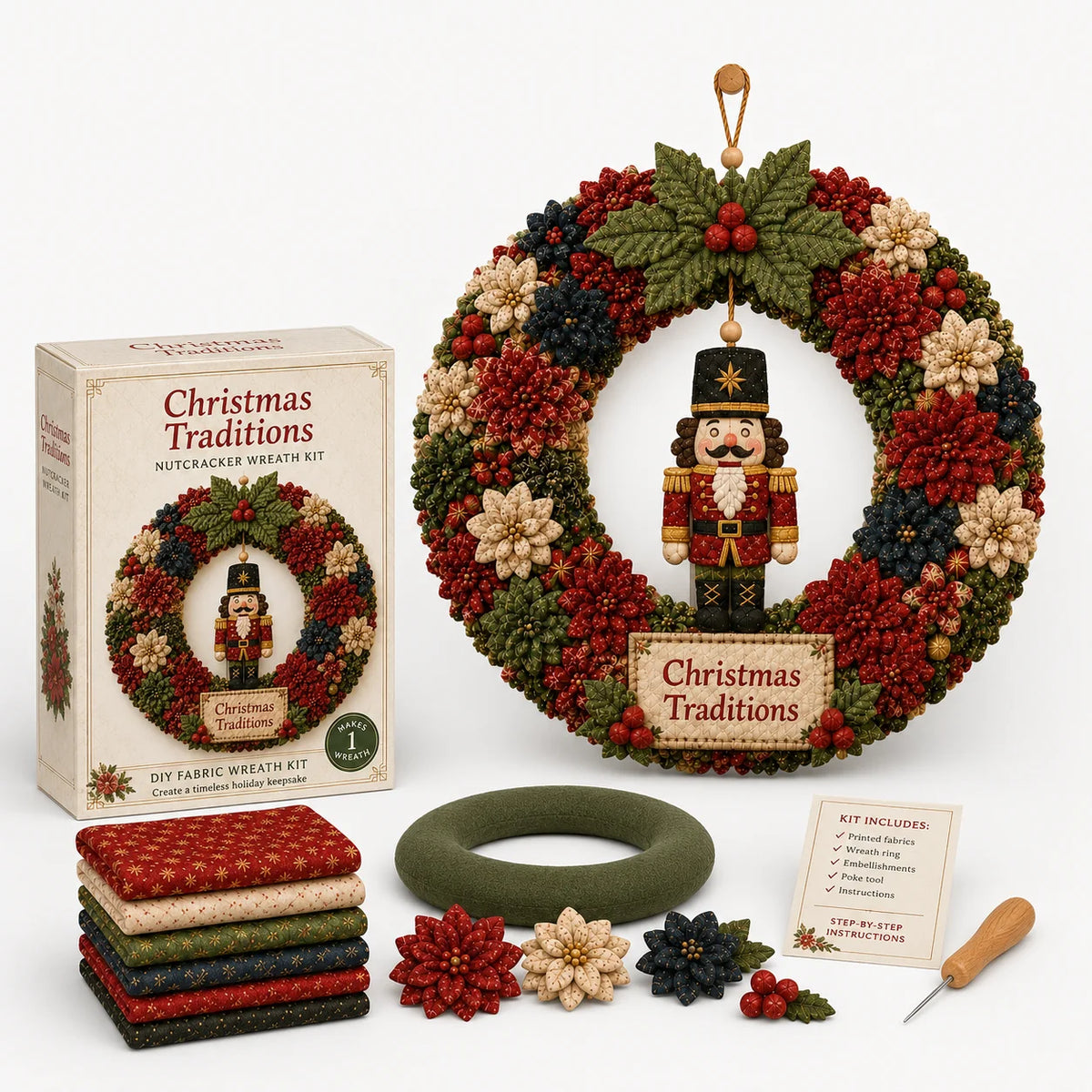 DIY Christmas Wreath Craft Kit - 3D Fabric Flowers, No Sewing Required 15