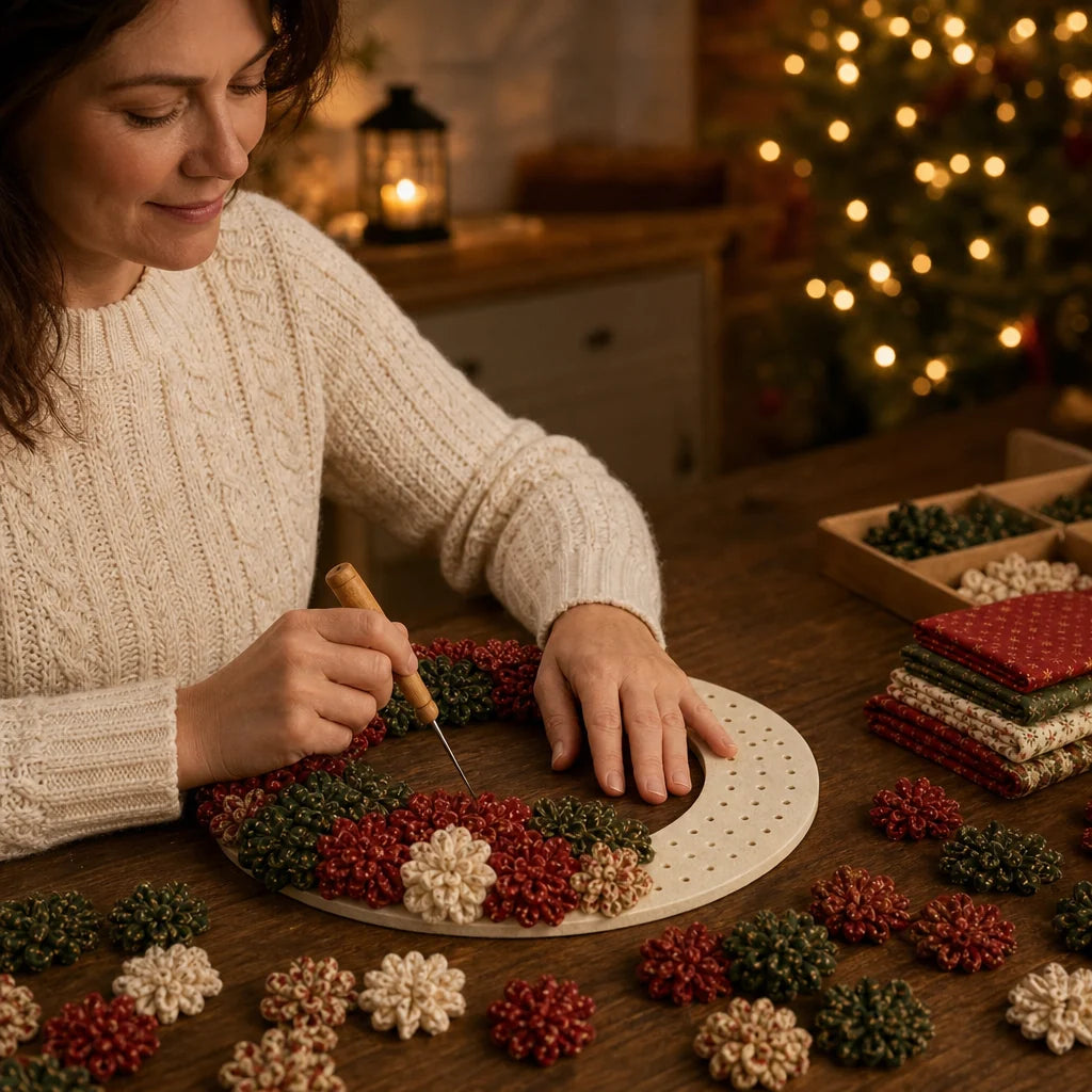 DIY Christmas Wreath Craft Kit - 3D Fabric Flowers, No Sewing Required 3