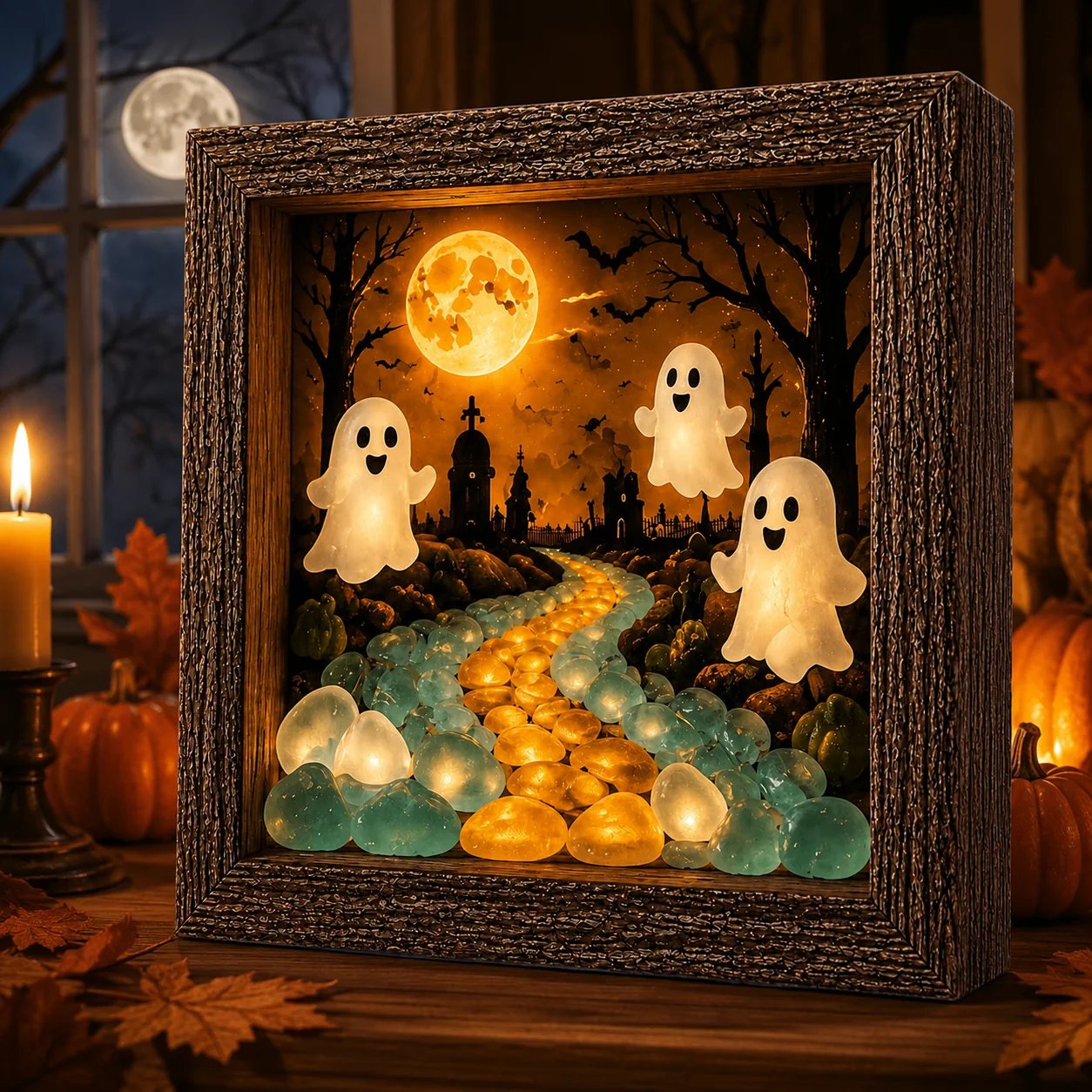 DIY Lighted Halloween Shadow Box Kit - Rustic Frame with Warm LED Glow 1