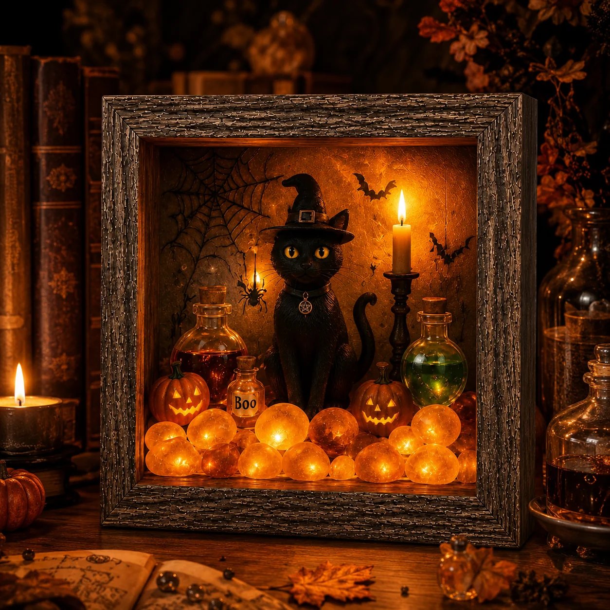 DIY Lighted Halloween Shadow Box Kit - Rustic Frame with Warm LED Glow 2