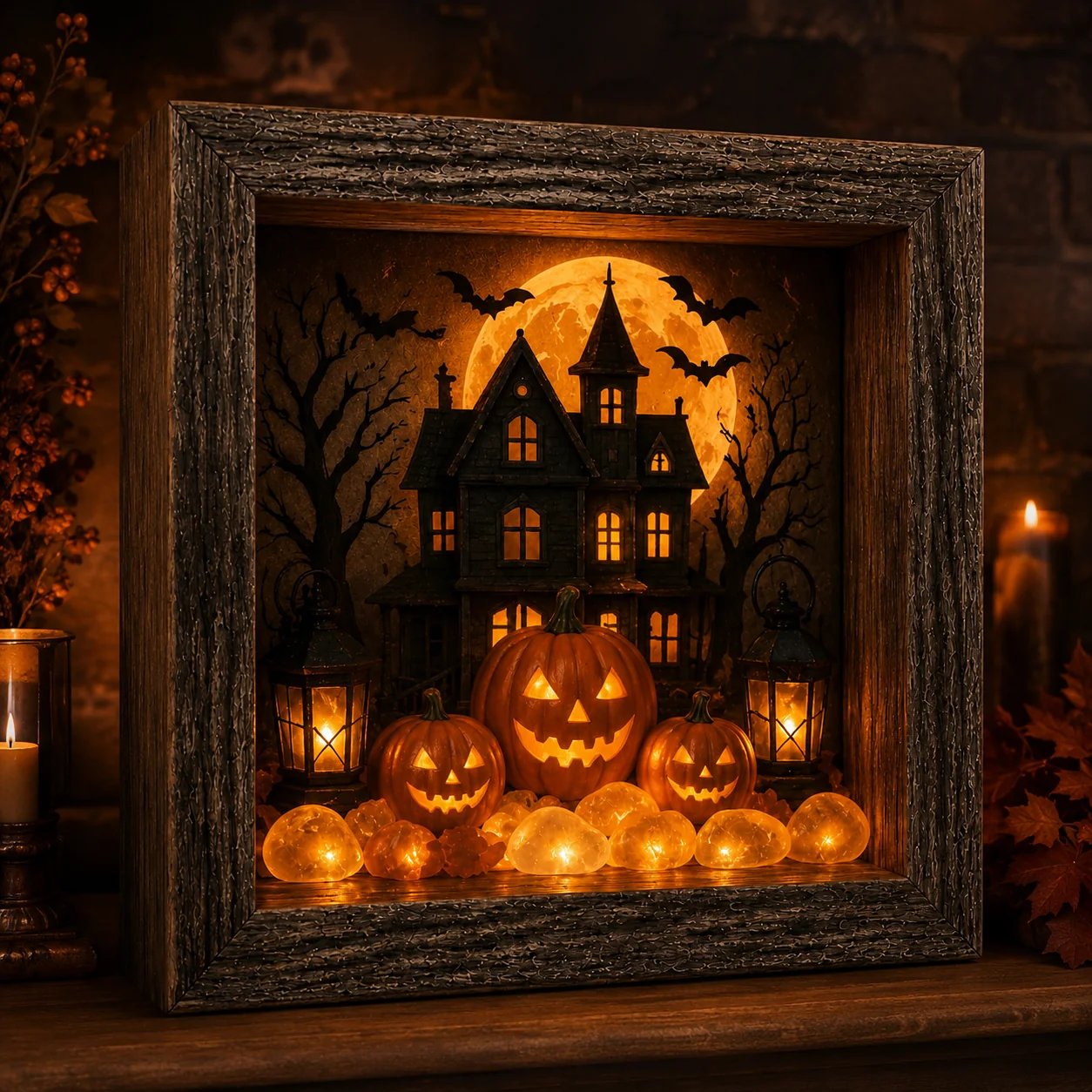 DIY Lighted Halloween Shadow Box Kit - Rustic Frame with Warm LED Glow 3