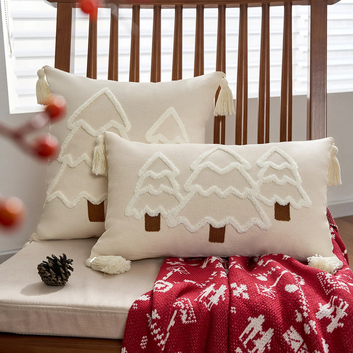 Decorative Christmas Tree Pillowcase with Textured Motif and Corner Tassels – Winter Home Decor for Sofas, Beds, and Armchairs 0