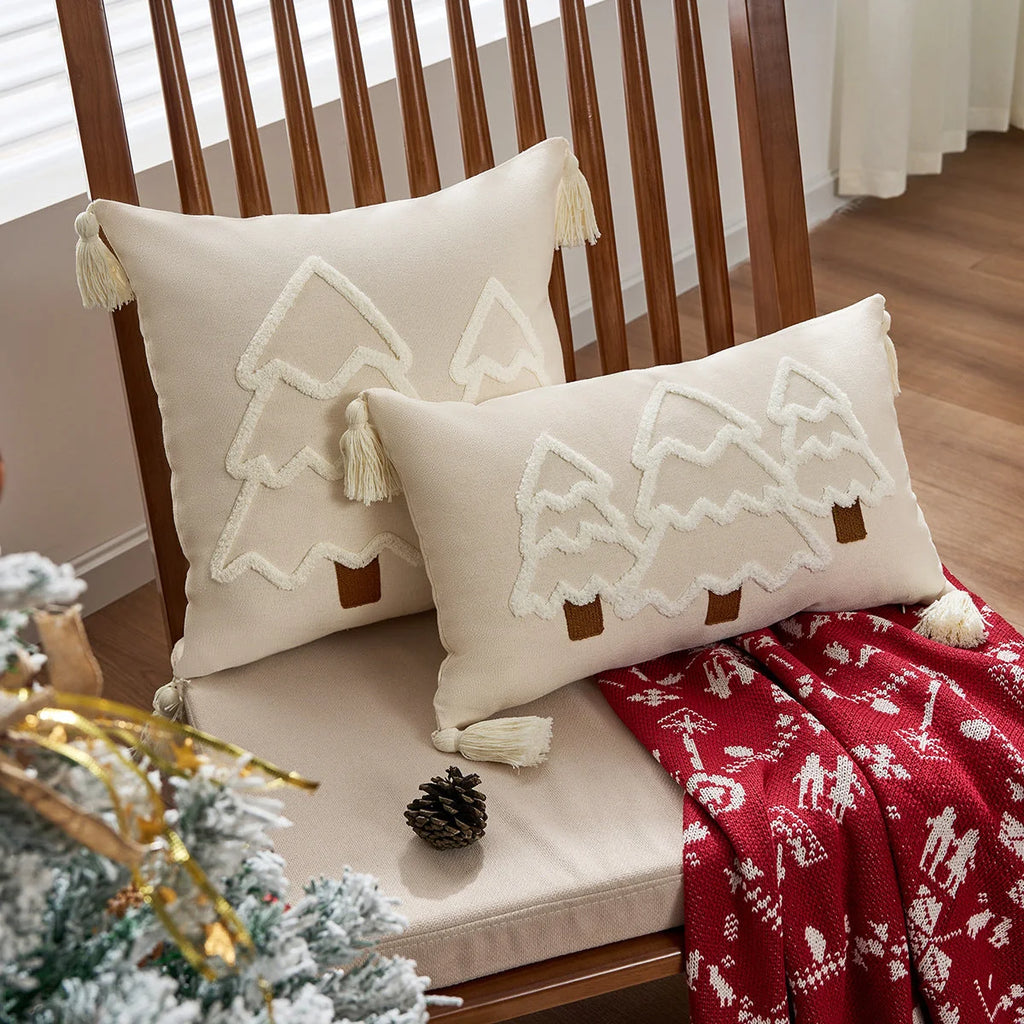 Decorative Christmas Tree Pillowcase with Textured Motif and Corner Tassels – Winter Home Decor for Sofas, Beds, and Armchairs 1