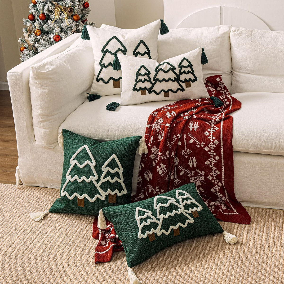 Decorative Christmas Tree Pillowcase with Textured Motif and Corner Tassels – Winter Home Decor for Sofas, Beds, and Armchairs 2