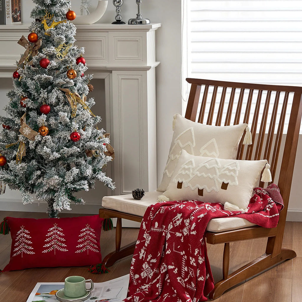 Decorative Christmas Tree Pillowcase with Textured Motif and Corner Tassels – Winter Home Decor for Sofas, Beds, and Armchairs 3