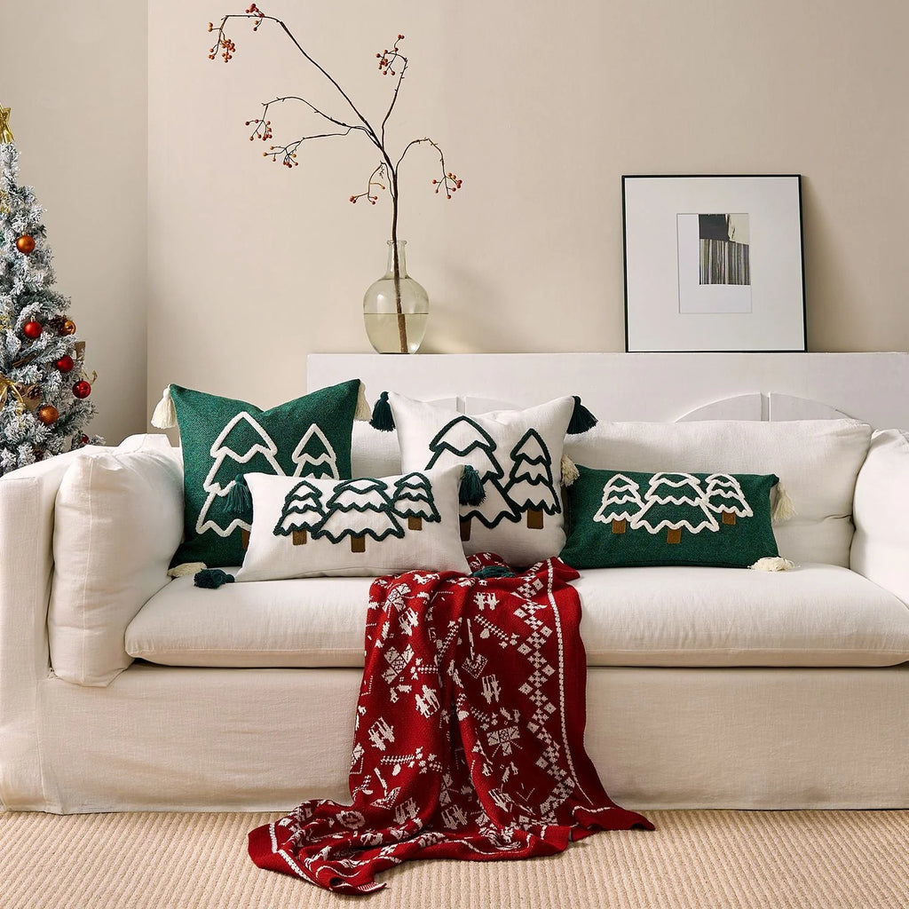 Decorative Christmas Tree Pillowcase with Textured Motif and Corner Tassels – Winter Home Decor for Sofas, Beds, and Armchairs 4
