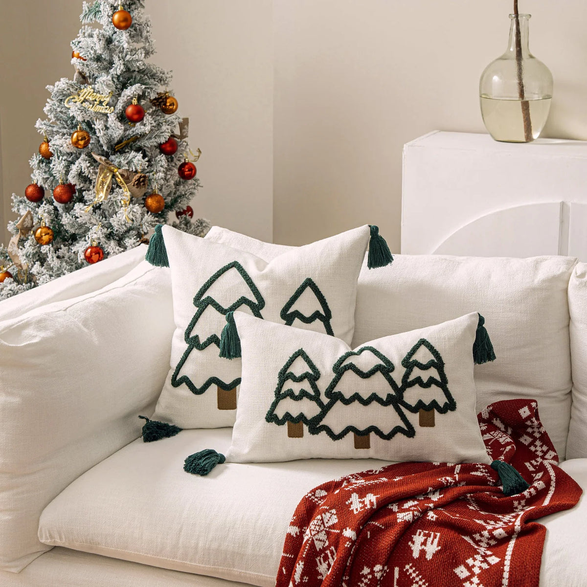 Decorative Christmas Tree Pillowcase with Textured Motif and Corner Tassels – Winter Home Decor for Sofas, Beds, and Armchairs 6