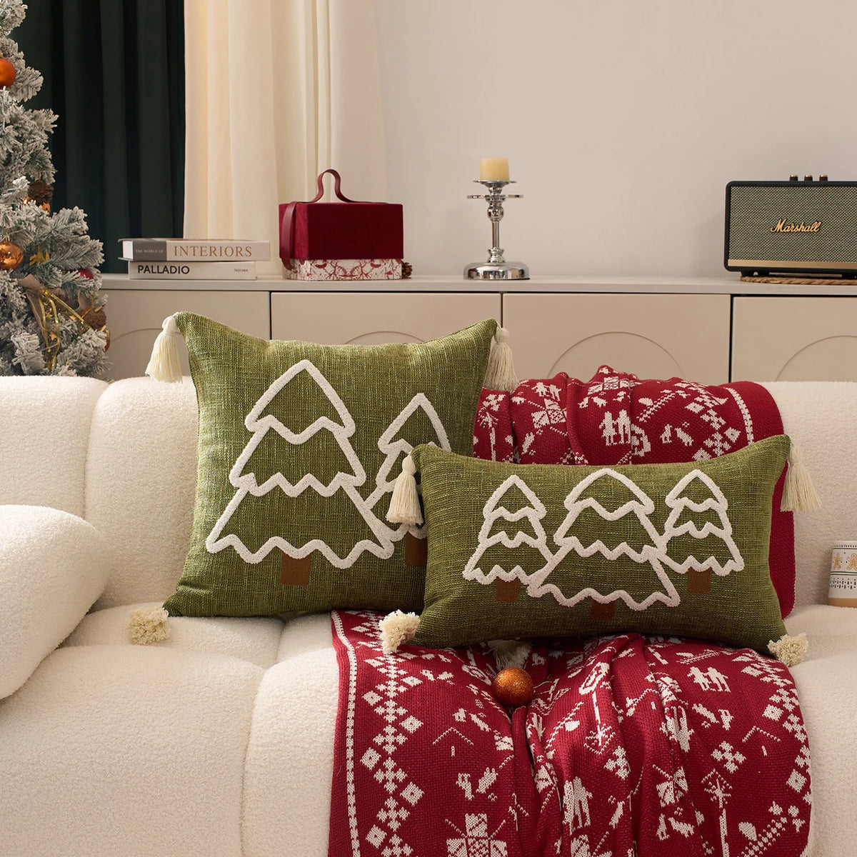 Decorative Christmas Tree Pillowcase with Textured Motif and Corner Tassels – Winter Home Decor for Sofas, Beds, and Armchairs 7
