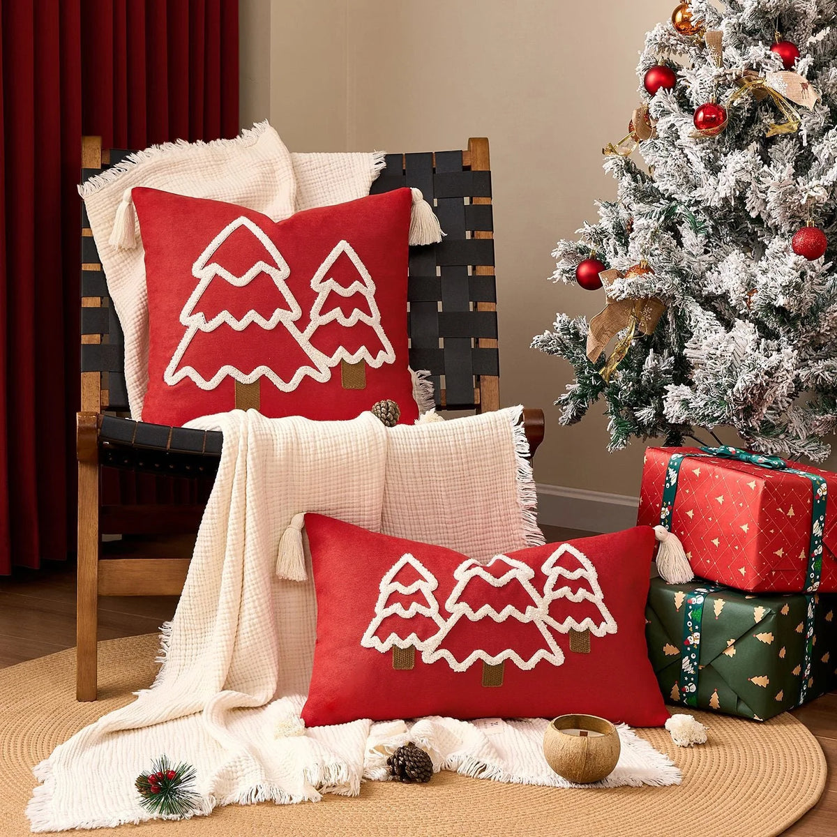 Decorative Christmas Tree Pillowcase with Textured Motif and Corner Tassels – Winter Home Decor for Sofas, Beds, and Armchairs 8