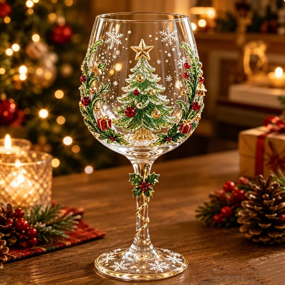 Decorative Christmas Wine Glass with 3D Holiday Designs – Stemmed Glass for Festive Tables and Gifts 10