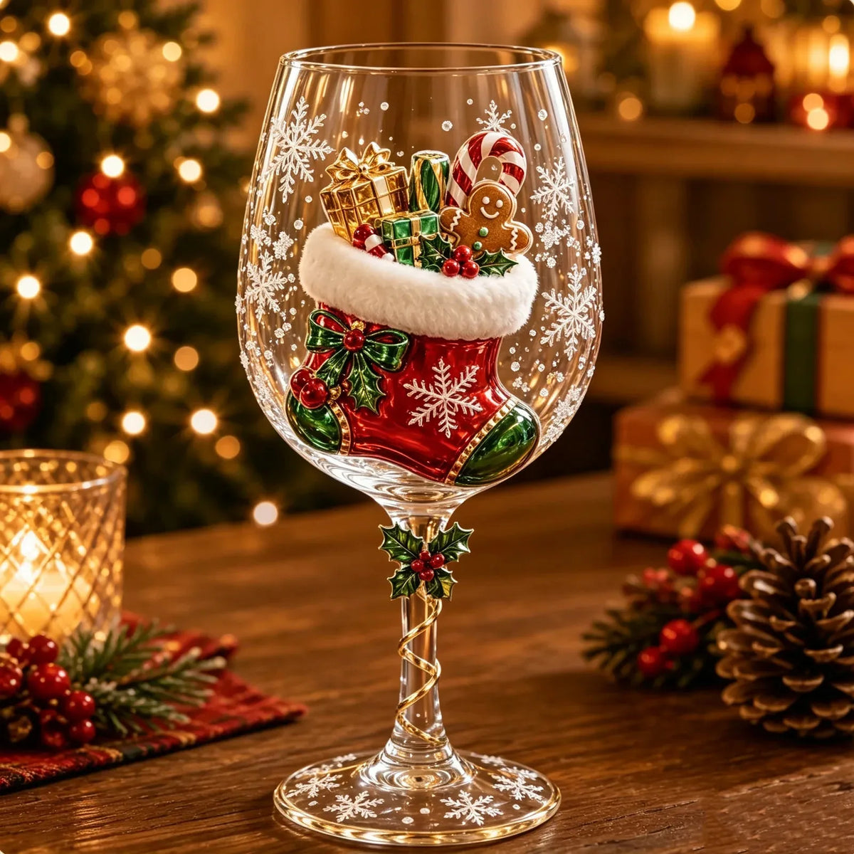 Decorative Christmas Wine Glass with 3D Holiday Designs – Stemmed Glass for Festive Tables and Gifts 8