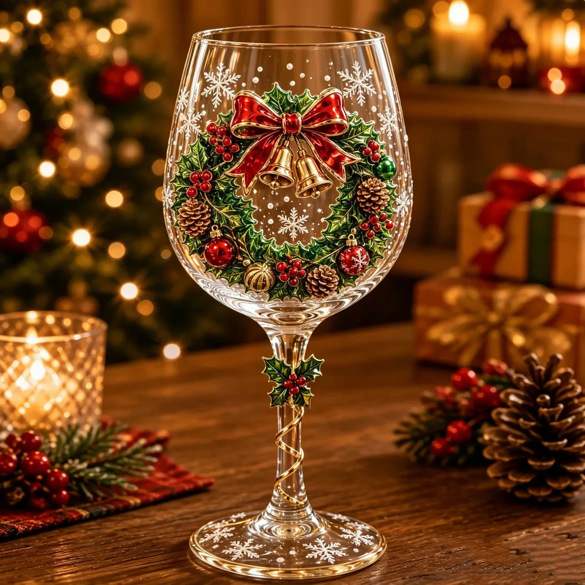 Decorative Christmas Wine Glass with 3D Holiday Designs – Stemmed Glass for Festive Tables and Gifts 9